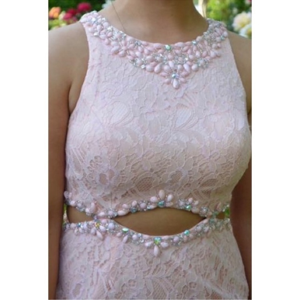Elegant Pink Lace Dress with Beaded Details- Prom Dress